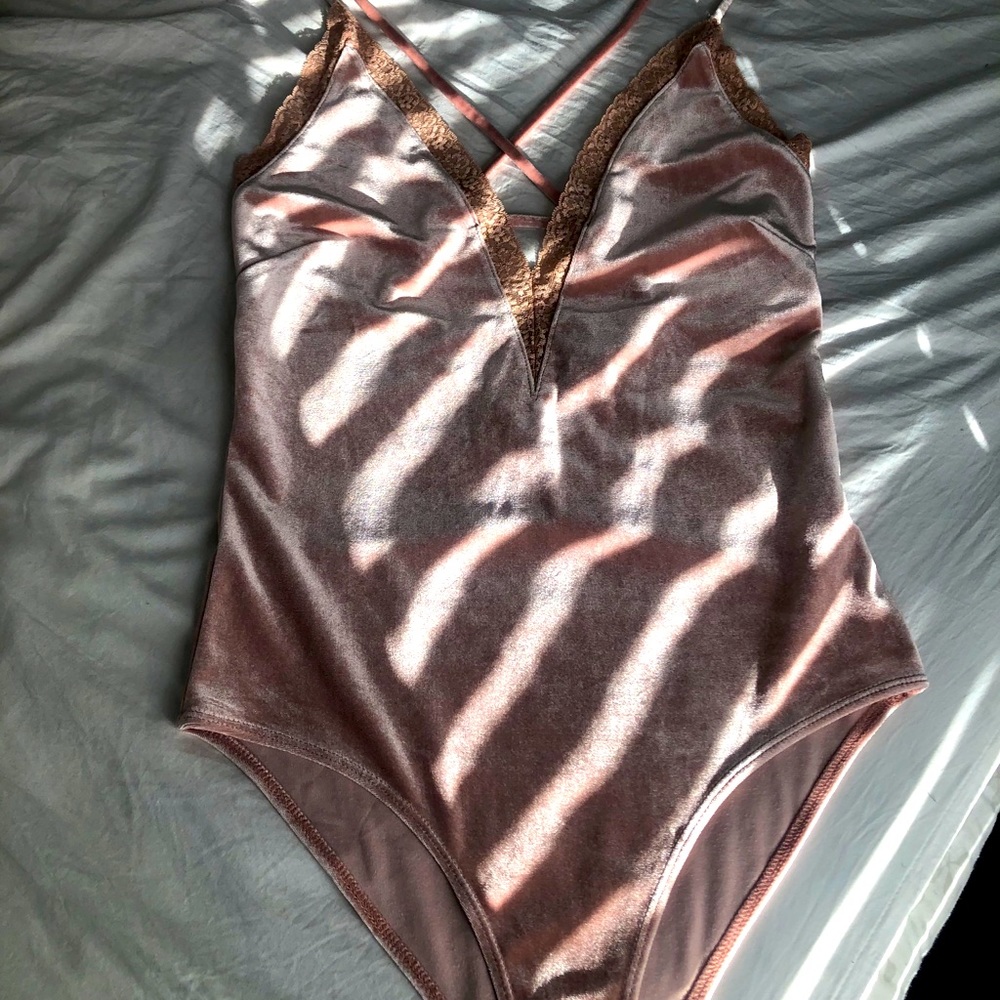 Millennial pink velveteen body suit